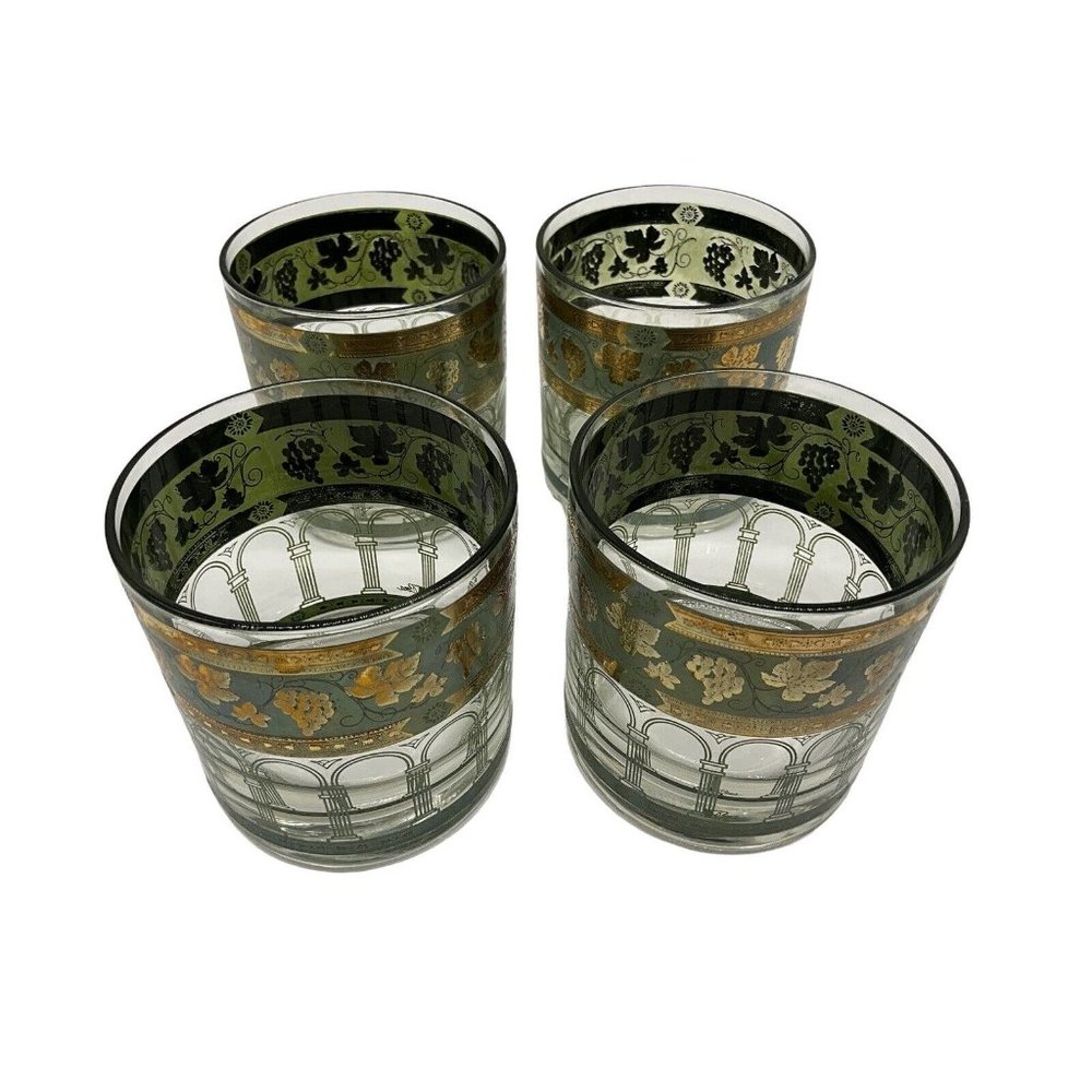 Vintage Cera 'Golden Grapes' Green Rocks Glasses 22-Karat Gold Old Fashioned MCM